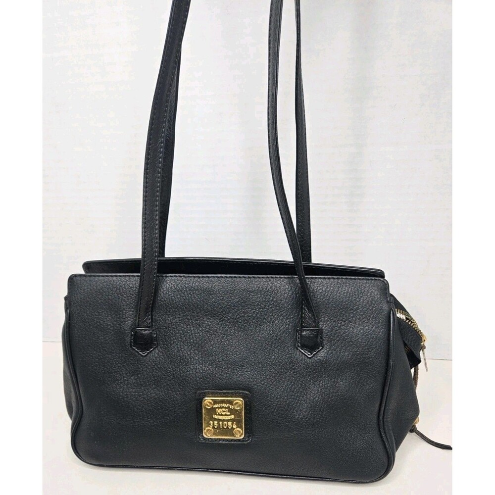 VTG HCL Designer Handcrafted Black Leather Handbag Purse Tote W/Straps
